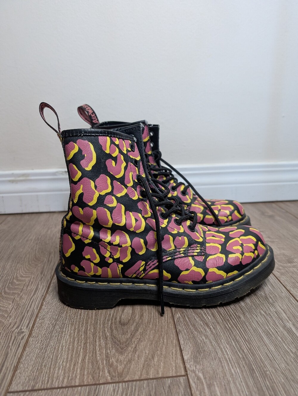 Dr. Martens Pink & Yellow Leopard Print Lace-Up Boots